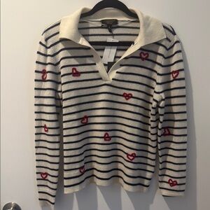 Charter’s Club 
Women's Cashmere Striped Heart-Embroidered Polo Sweater